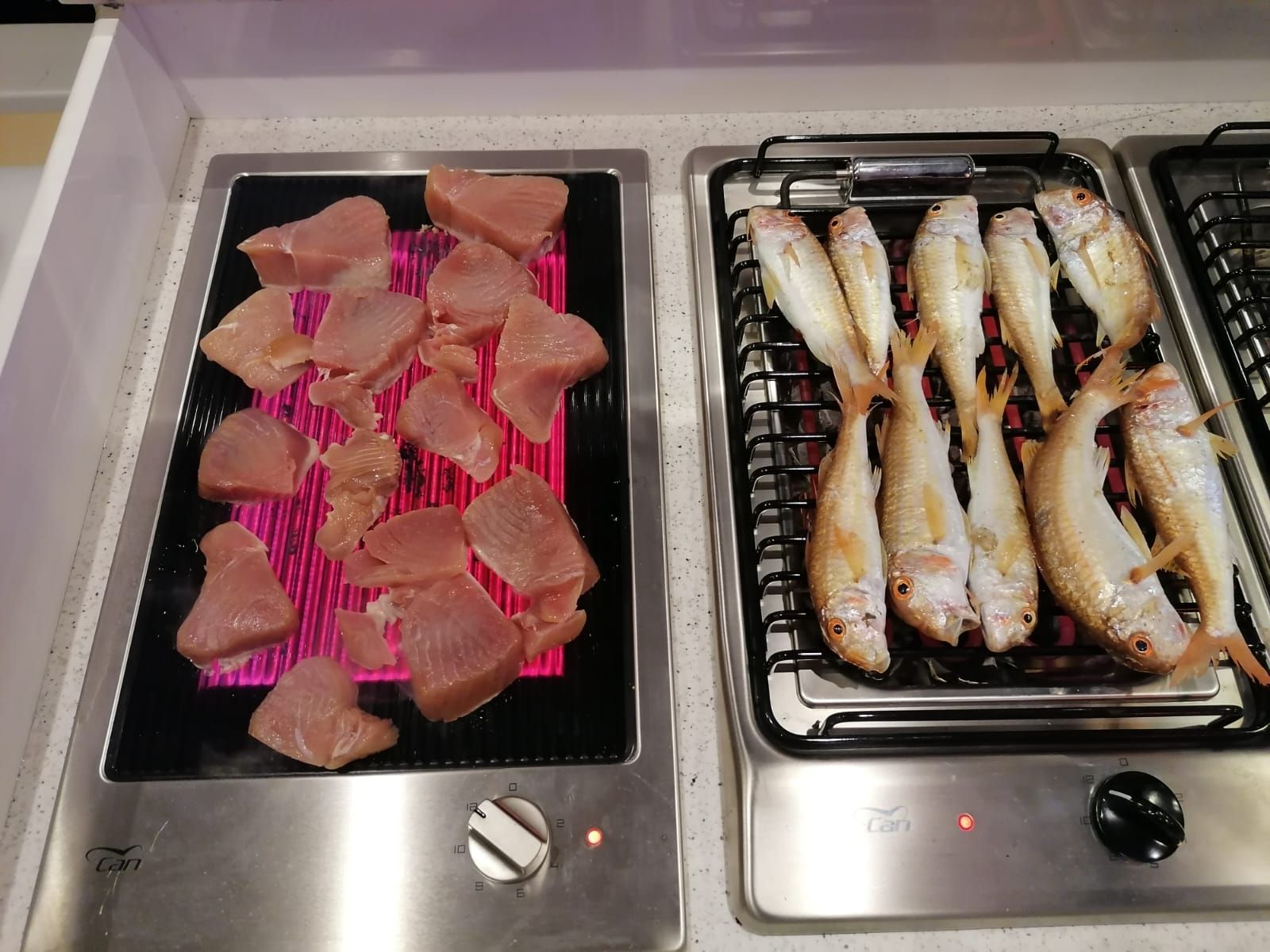 Un fornello con pollo e pesce sopra