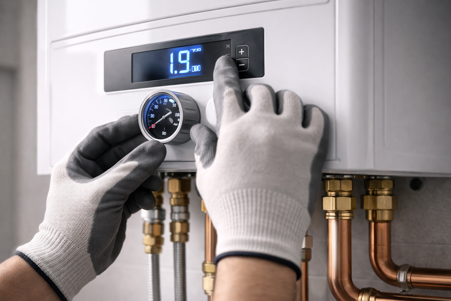 Hands in gloves adjusting a boiler's settings. A gauge and digital display are visible.