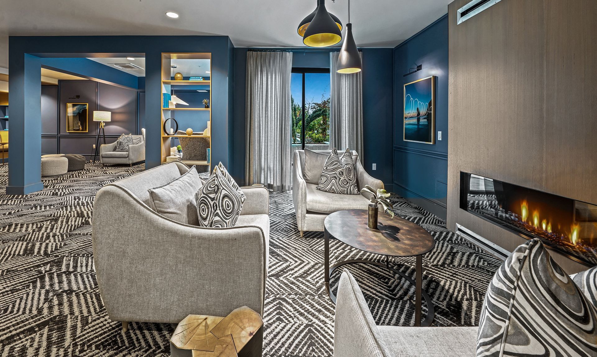 Resident lounge with fireplace