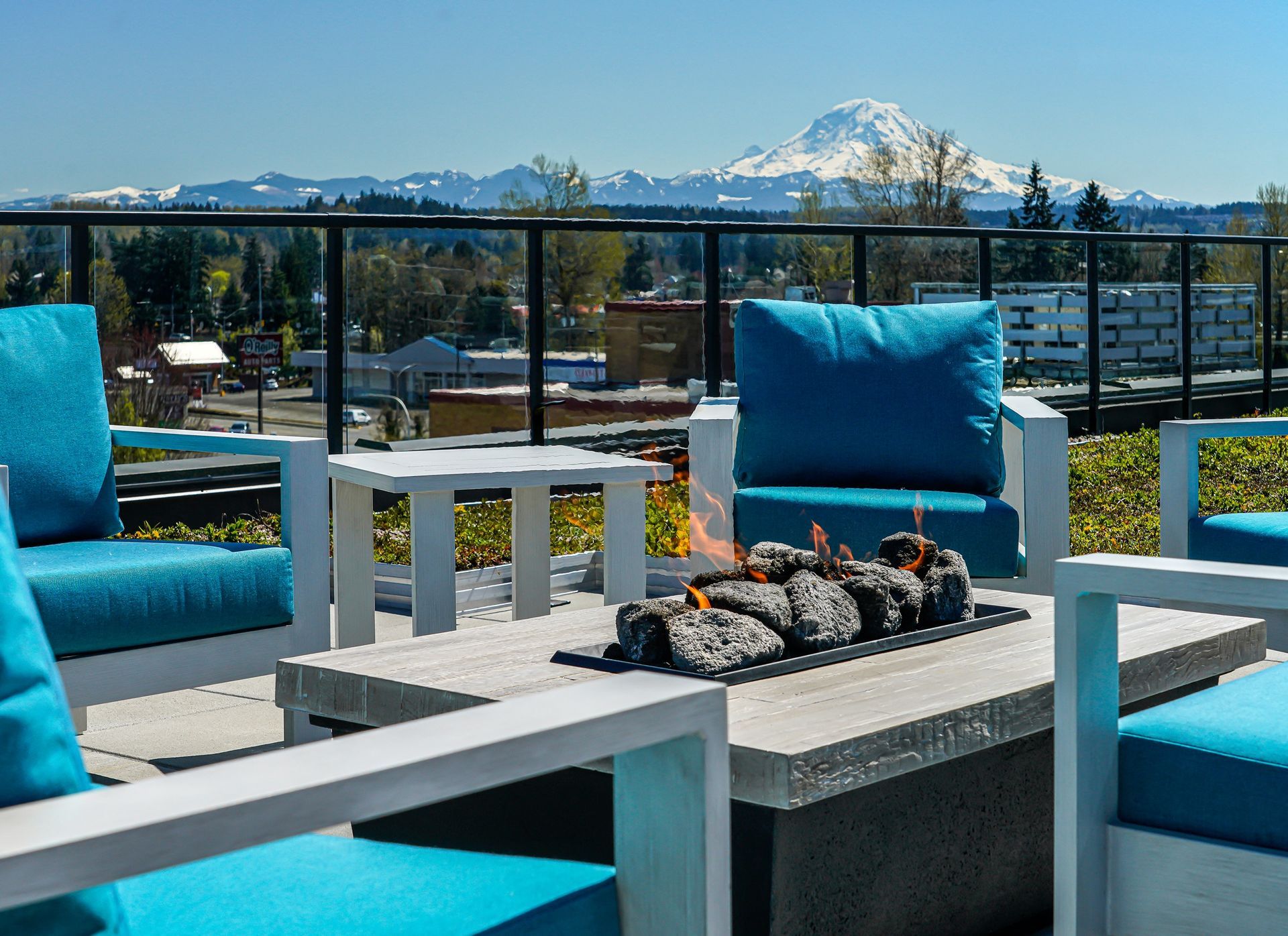Rooftop deck fire pit and Mount Rainier view