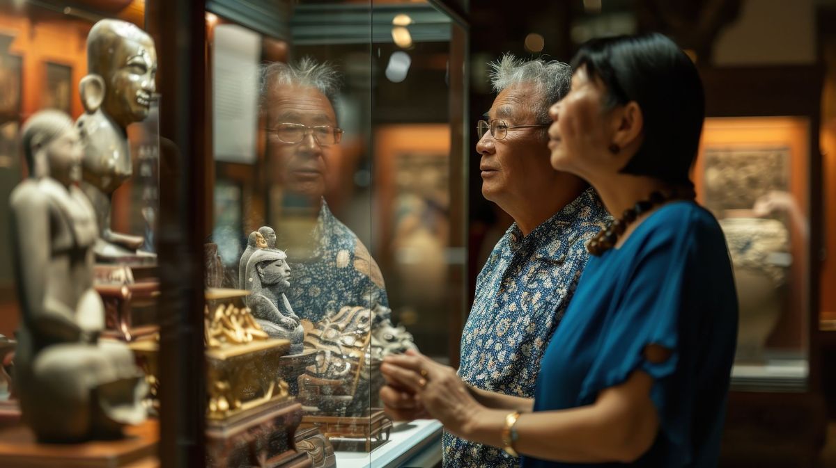 A man and a woman are looking at a display case in a museum.