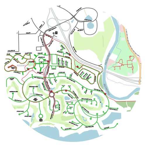 A colorful map of a city with a highway in the middle