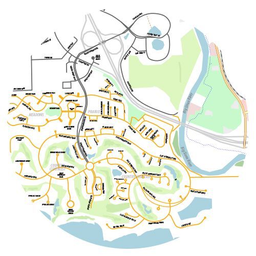 A colorful map of a city with a highway in the middle