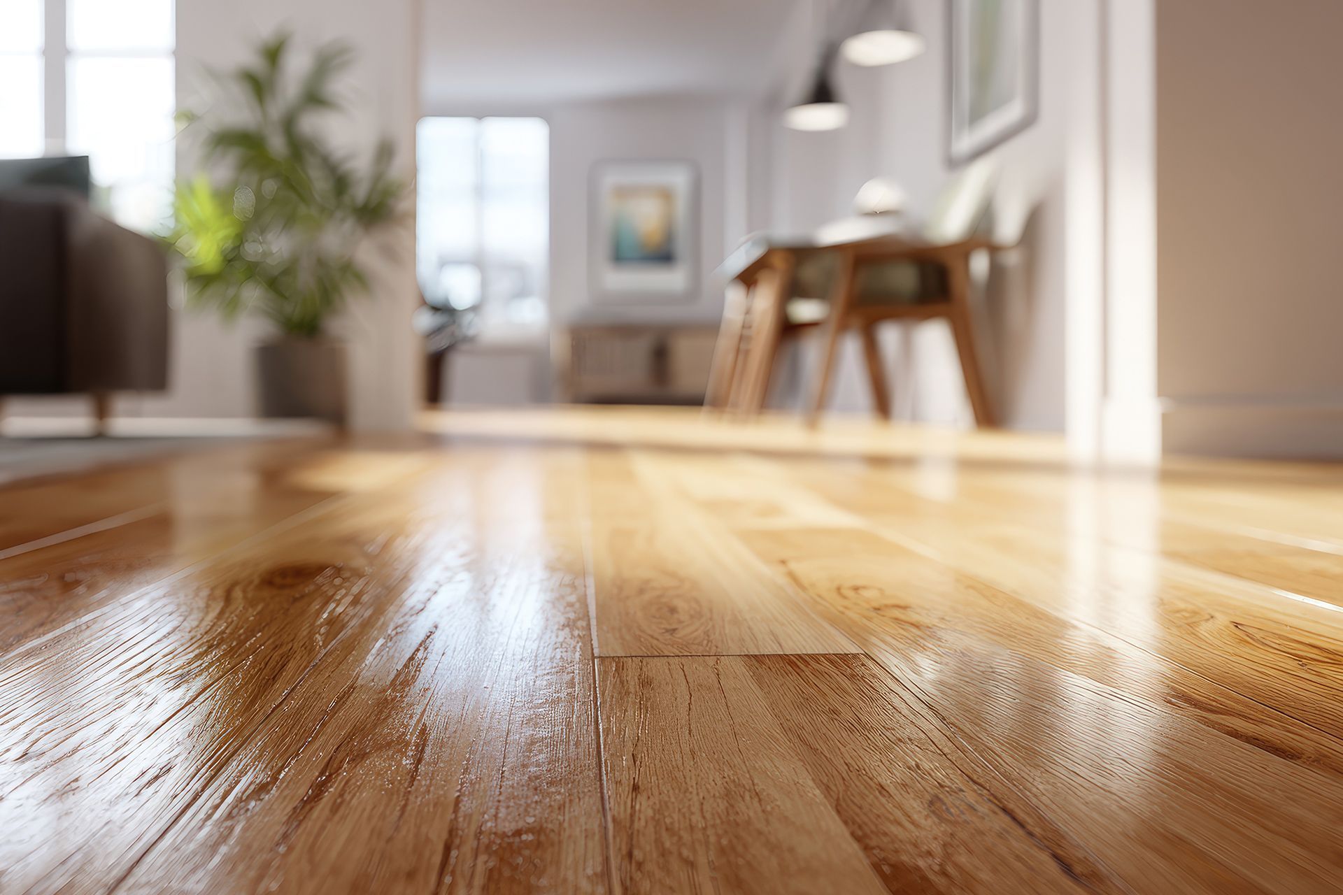 Sunlit hardwood floor in a bright living room with blurred furniture and plants in the background