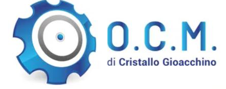 Logo di OCM di Cristallo Gioacchino con icona a forma di ingranaggio blu e testo blu scuro.