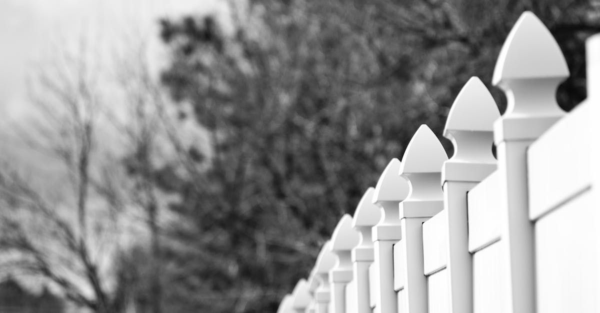 A black and white photo of a white picket fence with trees in the background.