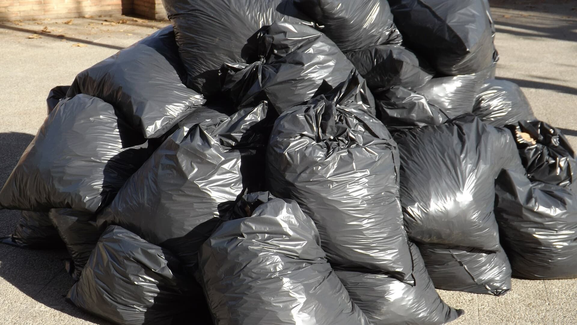 Pile of black trash bags, likely filled with waste, on a sunny outdoor surface.