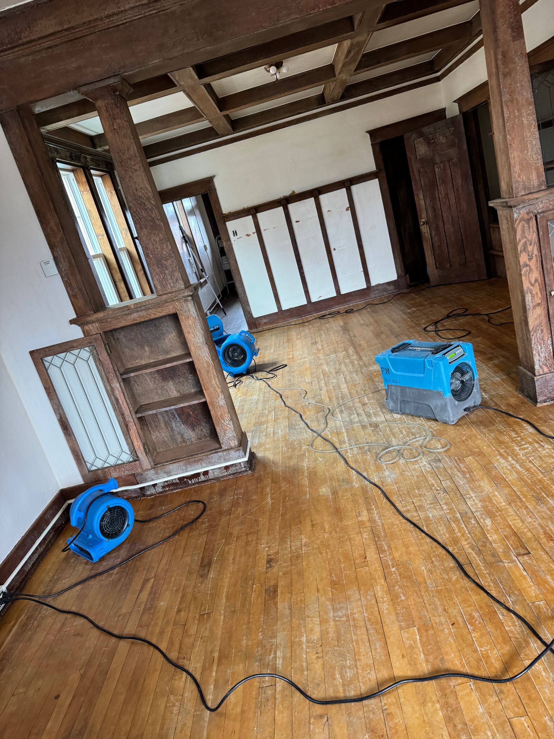 Wooden floor with two blue fans drying the room, a window and two doorways are visible.