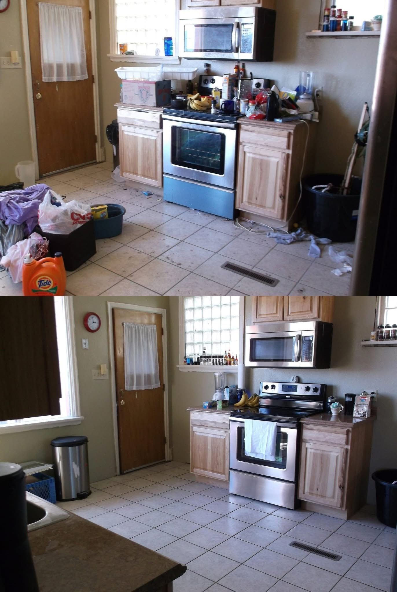 Before and after photos of a messy kitchen that is cleaned and organized, featuring a stove, cabinets, and doorway.
