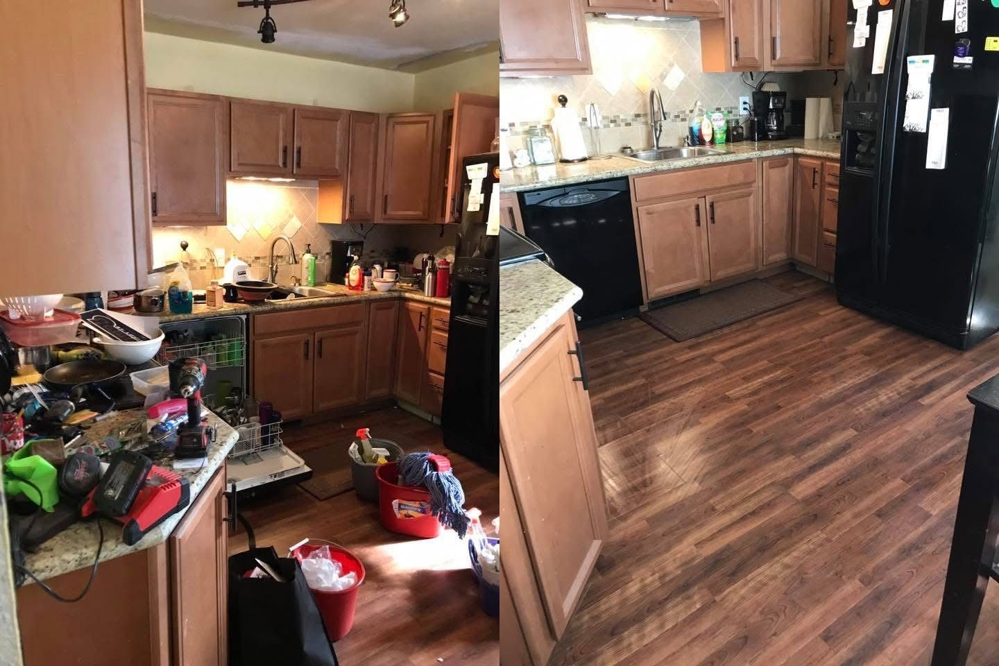 Before and after of a kitchen: Messy counter and clutter transformed to a clean, organized space.