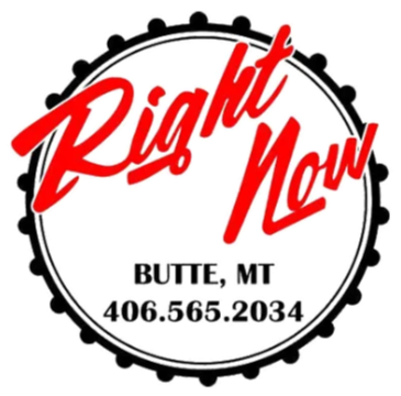 Logo for Right Now in Butte, MT: Red cursive text on a white circle with a black beaded border and phone number.
