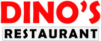 A red and black logo for dino 's restaurant