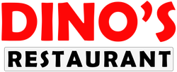 A red and black logo for dino 's restaurant