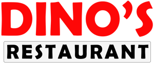 A red and black logo for dino 's restaurant