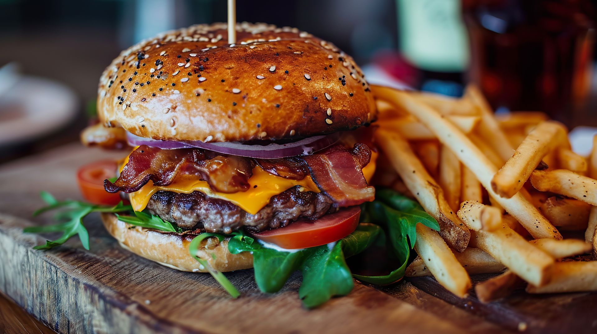 A hamburger and french fries on a wooden cutting board.