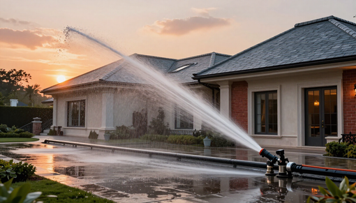 Sprinklers watering a house lawn at sunset, with water arcing across the driveway and roofline.