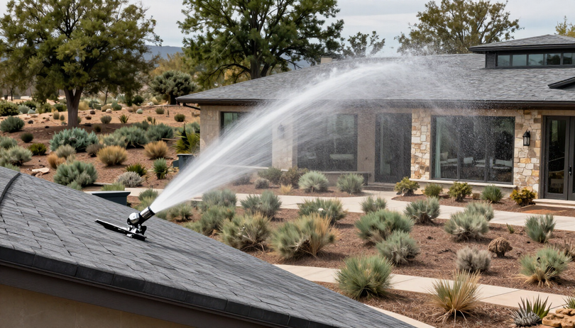 Wildfire defense water spray system on a luxury estate