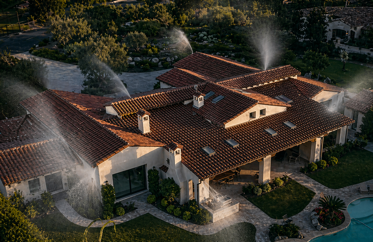 Aerial view of a large Mediterranean-style house with red tile roofs and sprinklers watering the lawn at dusk