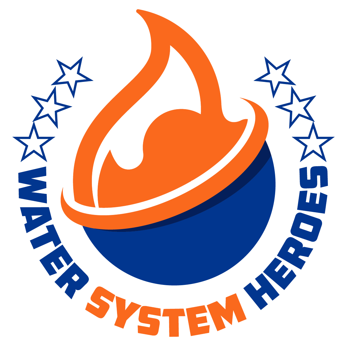 Water System Heroes logo with blue water drop, orange flame, and stars in a circular design