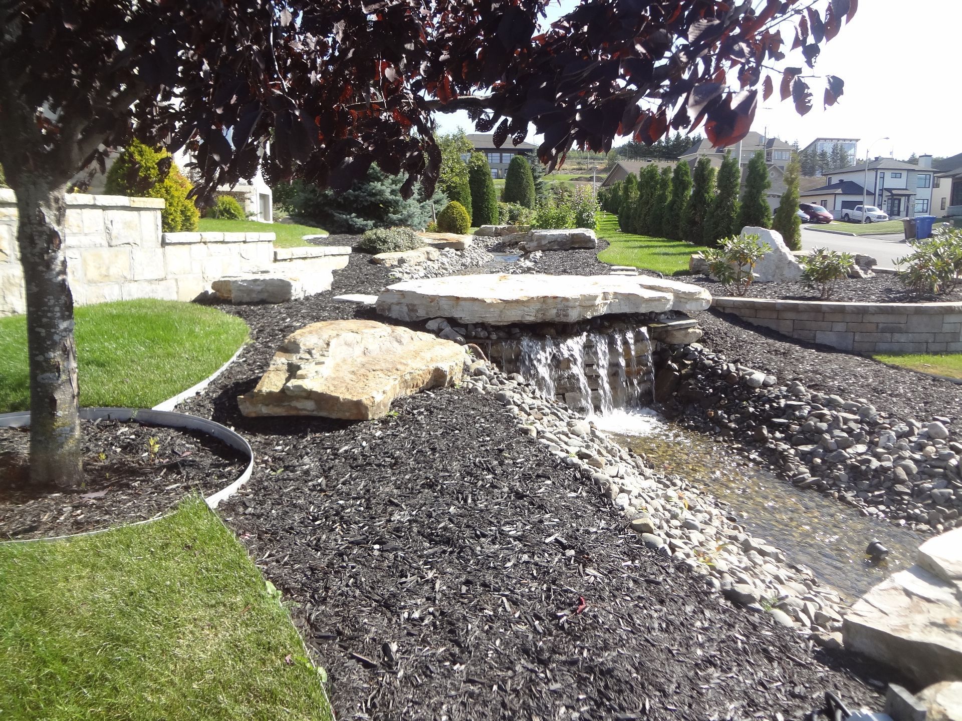 Une cascade dans un jardin avec un arbre en arrière-plan
