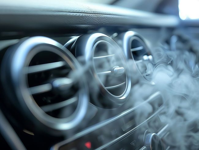 Primer plano de las rejillas de ventilación del coche, de las que sale vapor/humo. Rejillas plateadas, con el salpicadero enfocado.