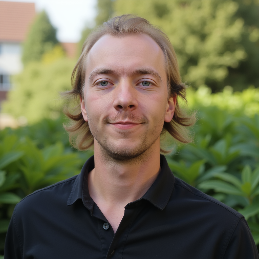Man with short brown hair and stubble smiling, wearing a black shirt, outdoors in front of a tree.