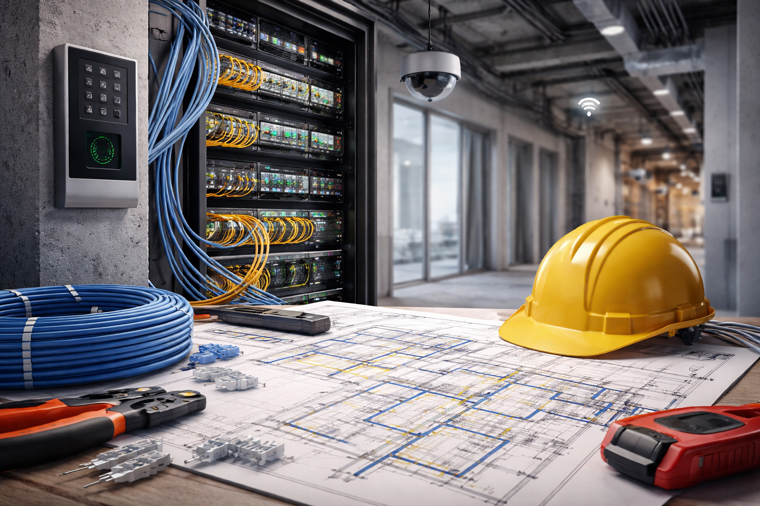 Construction site with blueprints, tools, and a server rack. A hard hat rests on a desk. Security system components in view.