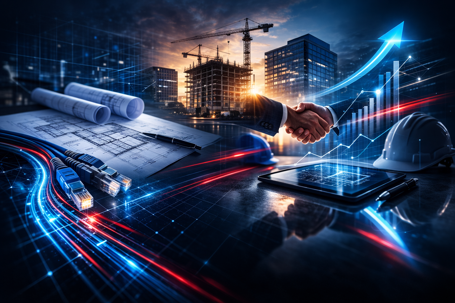 A handshake over construction blueprints, with a crane, buildings, a hard hat, and glowing growth charts in the background.