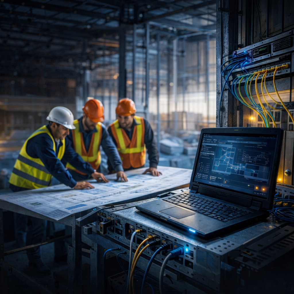 Construction workers reviewing blueprints with a laptop, server, and cables in a building under construction.