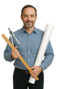 Man with drafting tools, blueprints; wearing blue shirt, smiling against white backdrop.