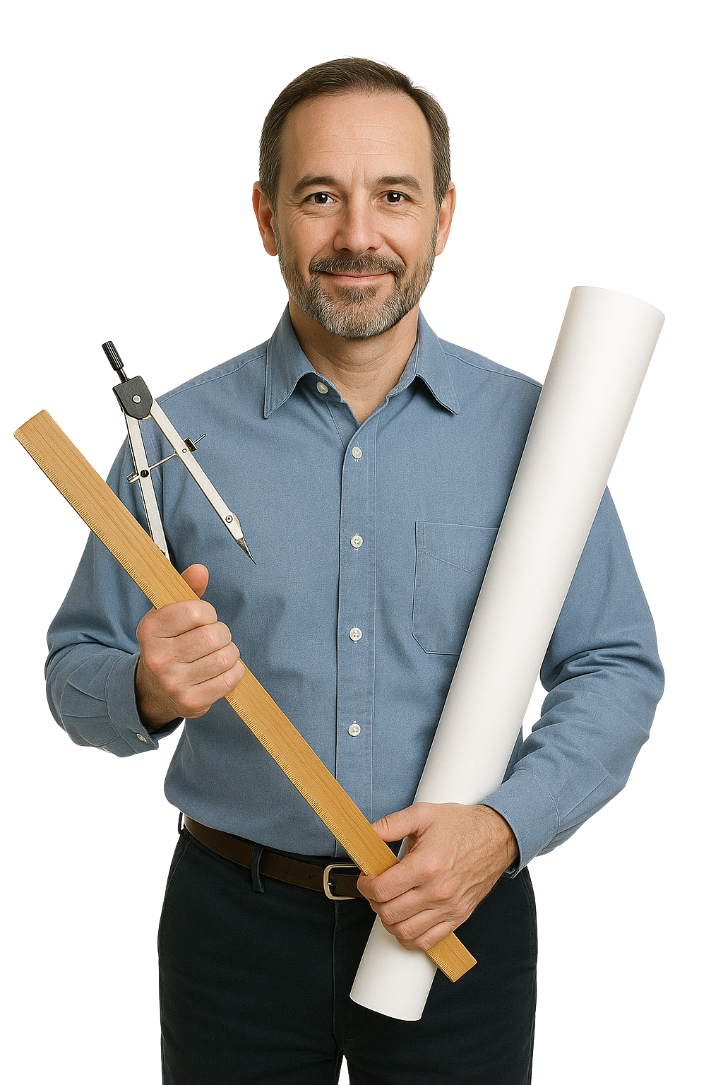 Man with drafting tools, blueprints; wearing blue shirt, smiling against white backdrop.
