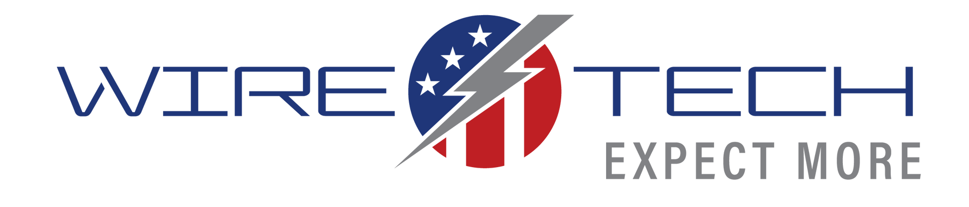 Logo for Wire Tech with red, white, and blue stripes and a lightning bolt. 