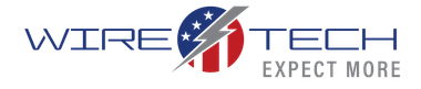 Logo for Wire Tech with red, white, and blue stripes and a lightning bolt. 
