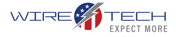 Logo for Wire Tech with red, white, and blue stripes and a lightning bolt. 