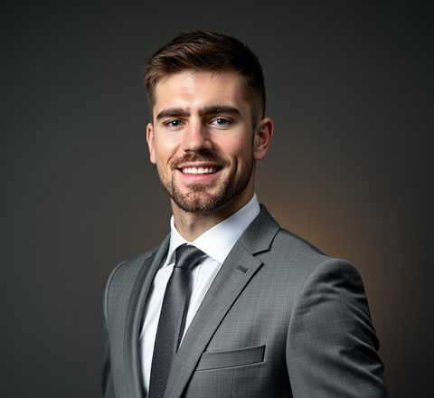 Man with beard in blazer smiles outdoors.