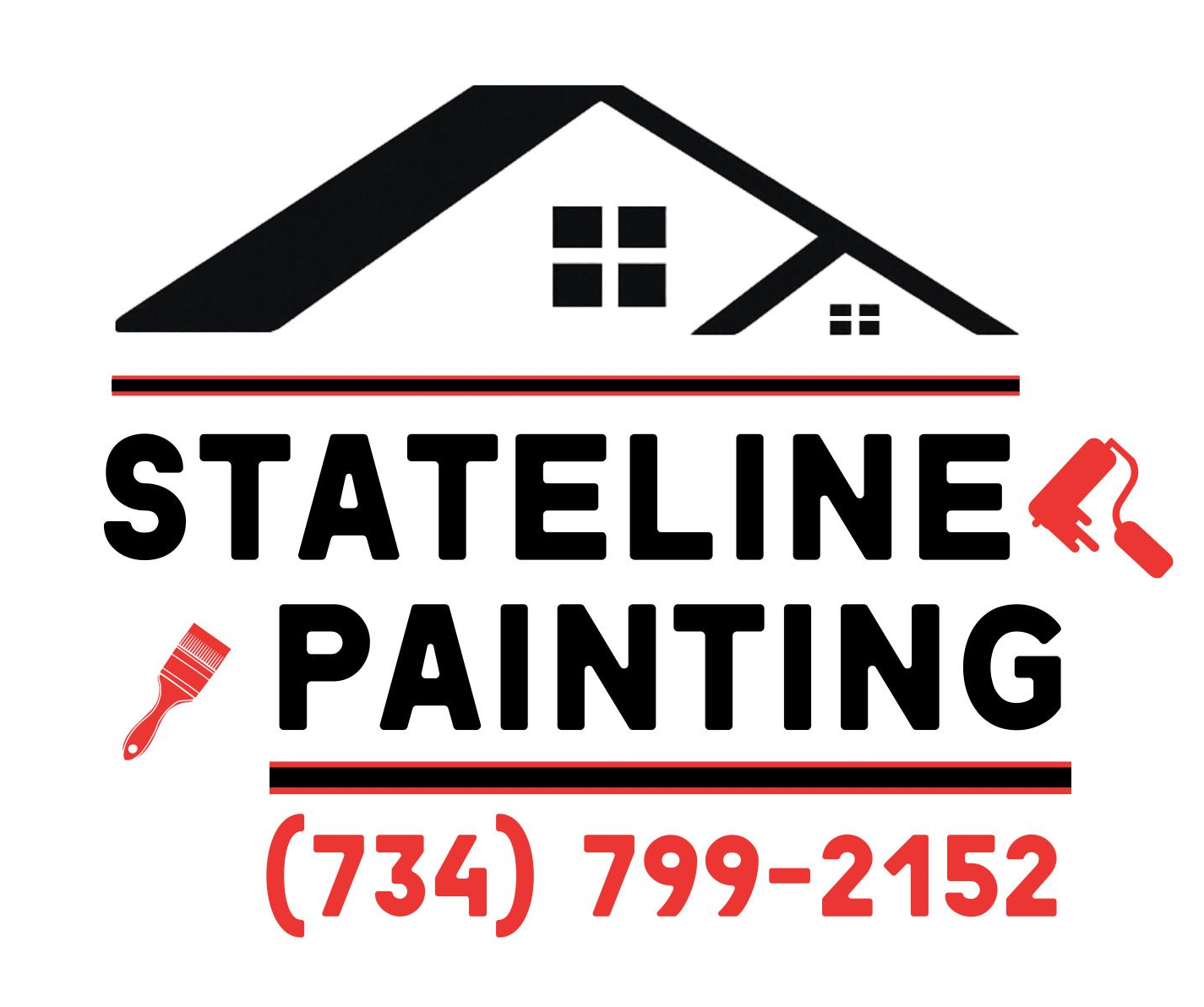 Logo for Stateline Painting: black house icon, red paint rollers, and phone number.
