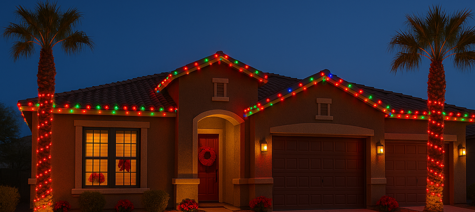 Residential home in Phoenix, Arizona with custom holiday lighting, featuring red and green roofline lights and palm trees wrapped in red LED lights, photographed at twilight