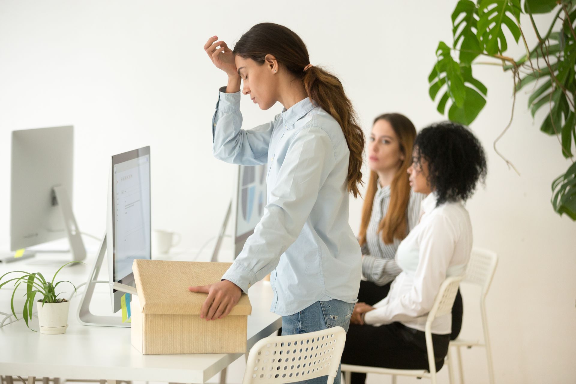 Female Employee Carries a Cardboard Box Filled With Office Items — Australian Employee Lawyers in Broadbeach Waters, QLD