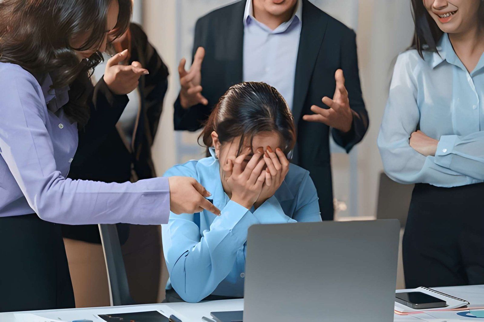 Employee Sits at a Desk While Being Confronted by Colleagues — Australian Employee Lawyers in Broadbeach Waters, QLD