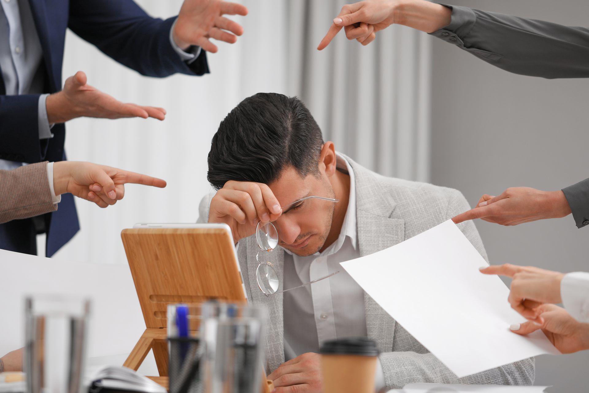 Employee Surrounded by Multiple Pointing Fingers, Suggesting Blame — Australian Employee Lawyers in Sunshine Coast, QLD