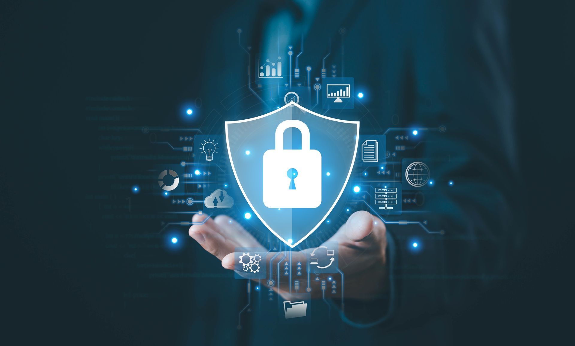 A person is holding a shield with a padlock on it.
