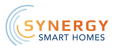 the synergy smart homes logo is blue and orange