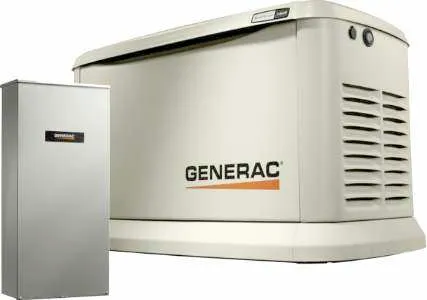 A generator is sitting next to a box on a white background.