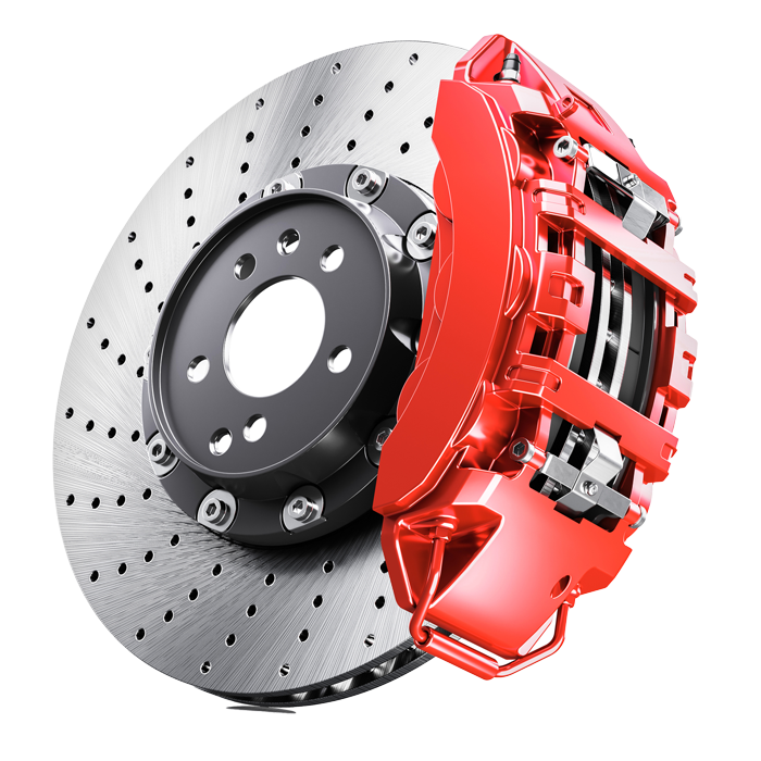 Red brake caliper and drilled rotor, part of a car's braking system.