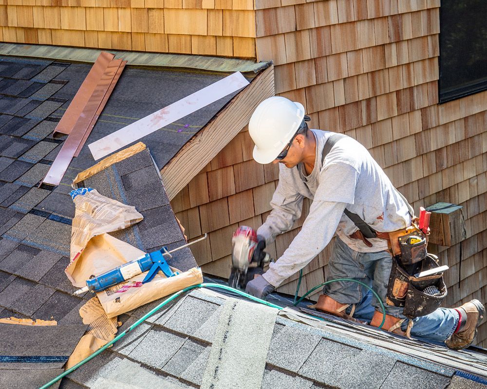 A roofing contractor from All Terrain Roofing Installing a new shingle roof with nail gun for a
Hous