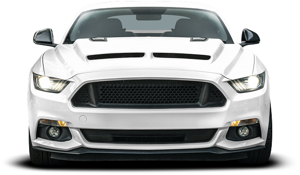 White Ford Mustang, front view, black grille, headlights on. | Importsports