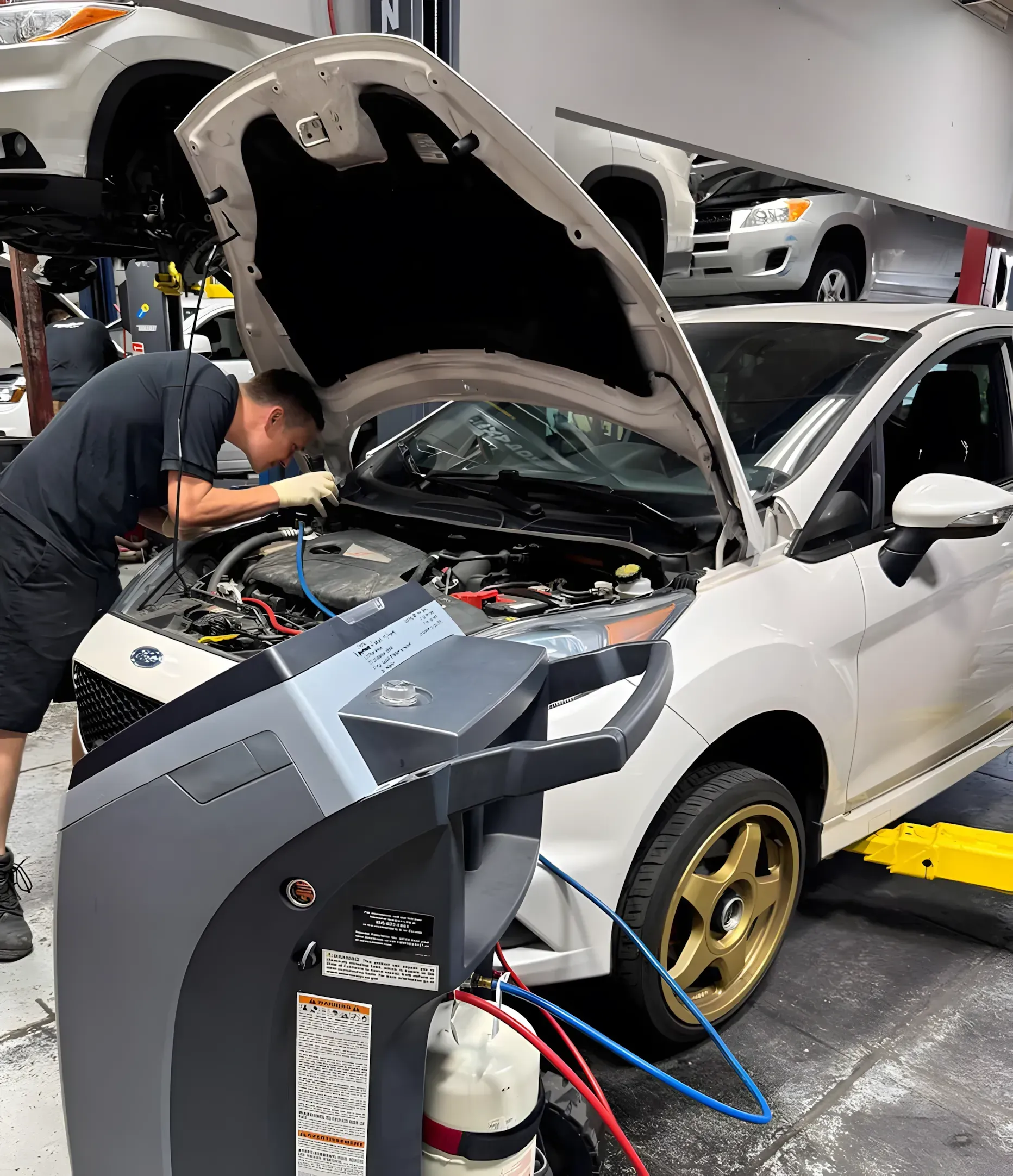 Mechanic working on a white car with its hood up in a garage, using a machine; another car in background. | Importsports
