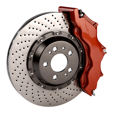 Red brake caliper on a drilled, silver brake rotor. | Importsports