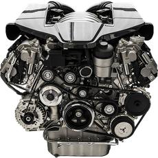 Shiny, chrome-detailed V8 engine with belts, pulleys, and various components. | Importsports