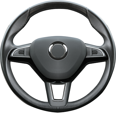 Black car steering wheel with integrated controls and central emblem. | Importsports